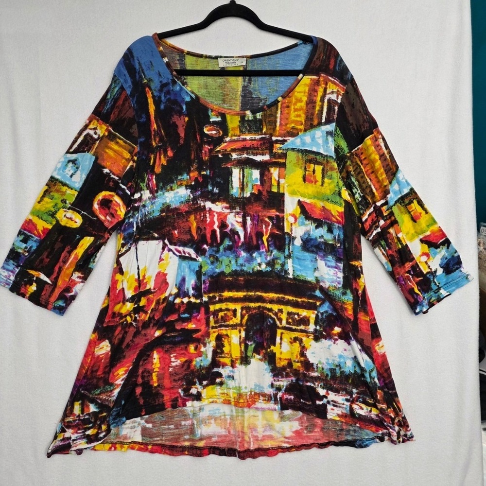 Orientique City Landscape Tunic Top 1X Multi Rayon Art Print A-Line Lagenlook
